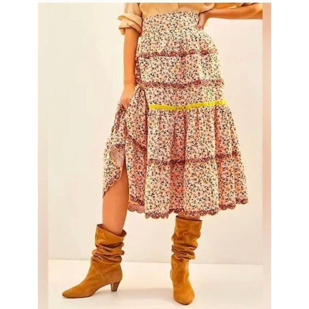 CELIA B CeliaB Sz S Small Tiered Corduroy Floral Midi Skirt